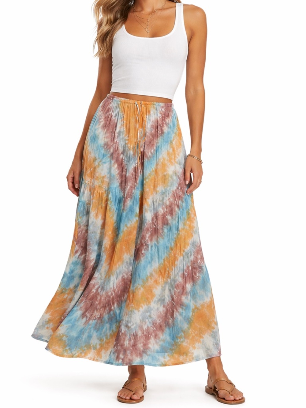 Boho Tie-Dye Maxi Skirt in Blue, Orange & Brown